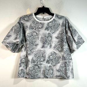 Senlis Floral Short Sleeve Round Neck Blouse, Women's Size M - Black/White